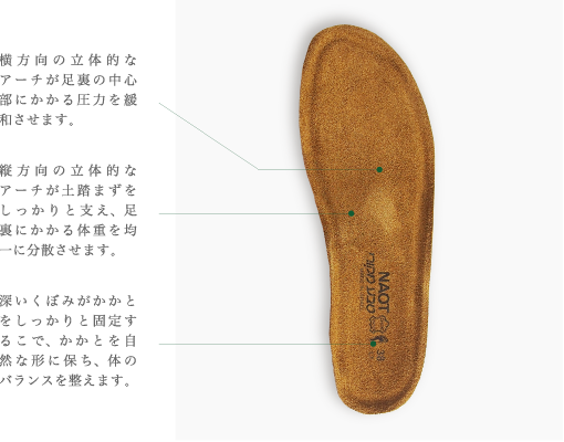 横方向の立体的なアーチが足裏の中心部にかかる圧力を緩和